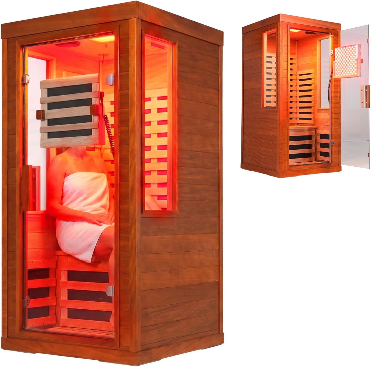 Full Spectrum Infrared Sauna with Fda-Certified 660Nm & 850Nm Red Light Therapy, Low EMF Carbon Fiber Heating Panels, Fast Heat-Up Canadian Hemlock 1-Person Indoor Sauna for Home, 1170W 110V