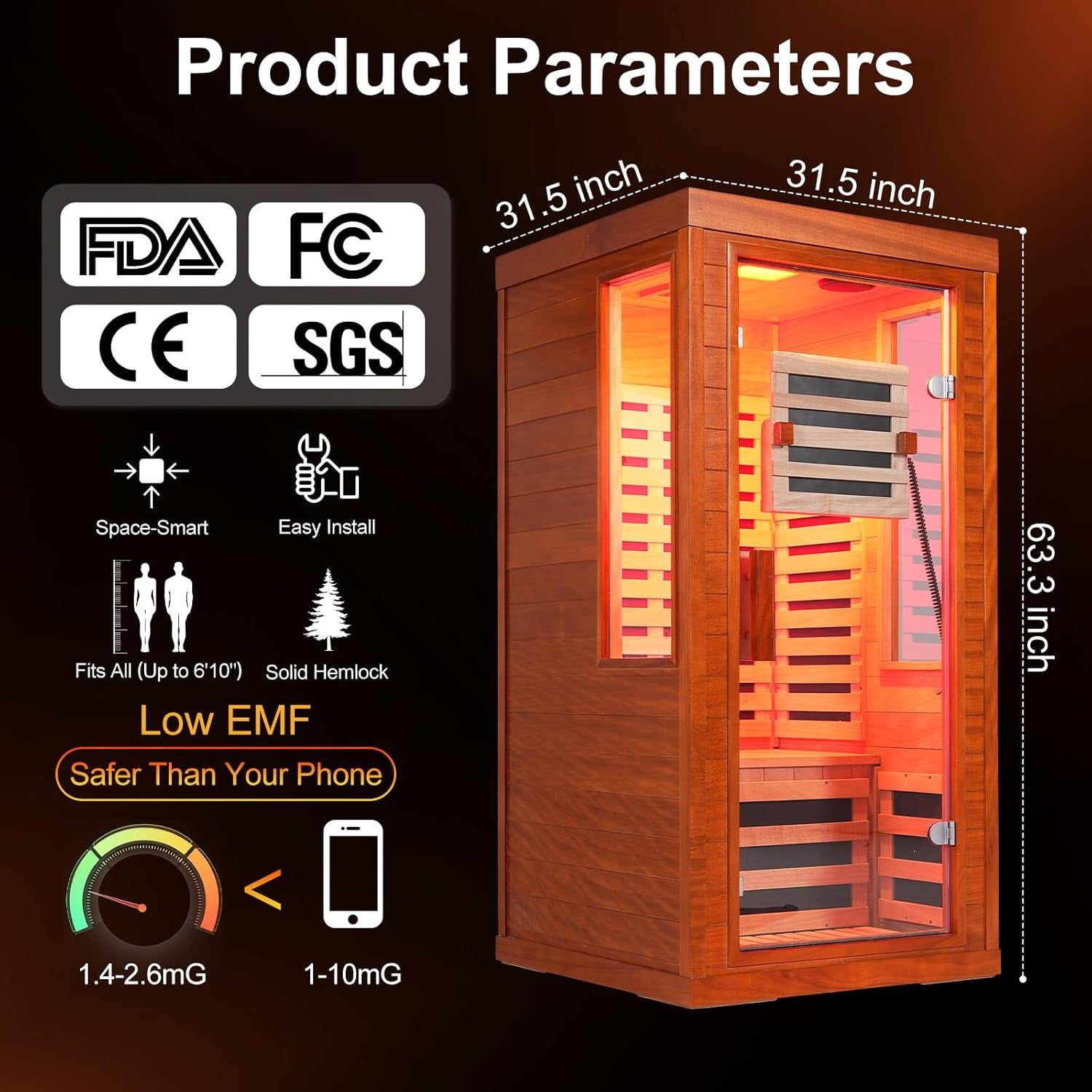 Full Spectrum Infrared Sauna with Fda-Certified 660Nm & 850Nm Red Light Therapy, Low EMF Carbon Fiber Heating Panels, Fast Heat-Up Canadian Hemlock 1-Person Indoor Sauna for Home, 1170W 110V