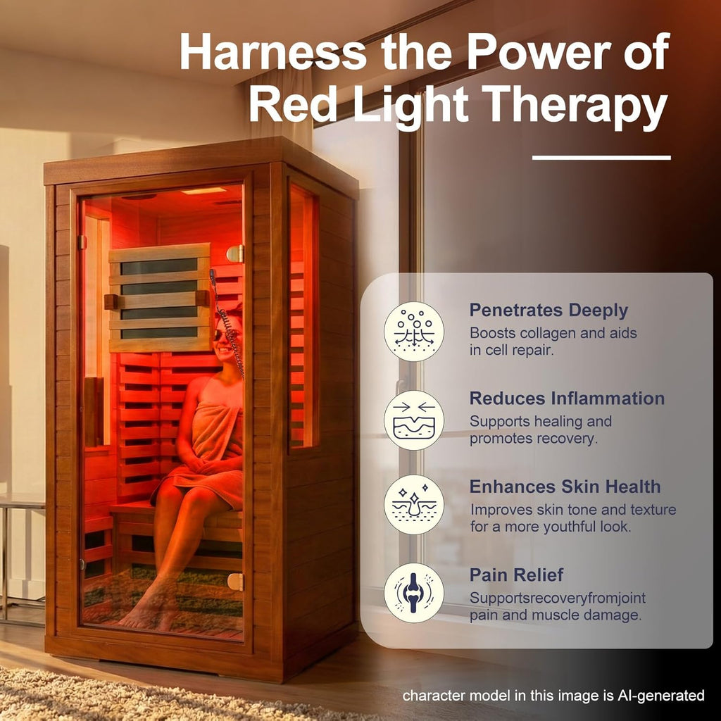 Full Spectrum Infrared Sauna with Fda-Certified 660Nm & 850Nm Red Light Therapy, Low EMF Carbon Fiber Heating Panels, Fast Heat-Up Canadian Hemlock 1-Person Indoor Sauna for Home, 1170W 110V