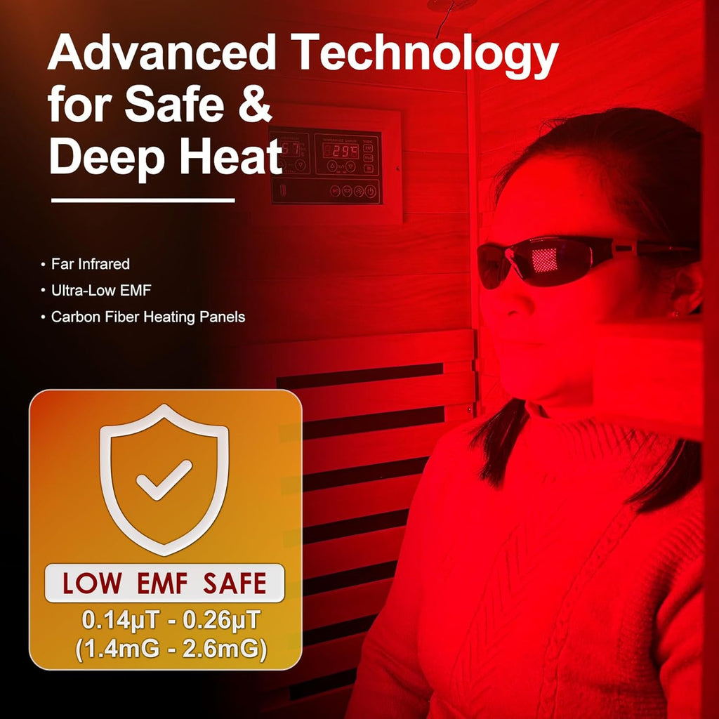Full Spectrum Infrared Sauna with Fda-Certified 660Nm & 850Nm Red Light Therapy, Low EMF Carbon Fiber Heating Panels, Fast Heat-Up Canadian Hemlock 1-Person Indoor Sauna for Home, 1170W 110V