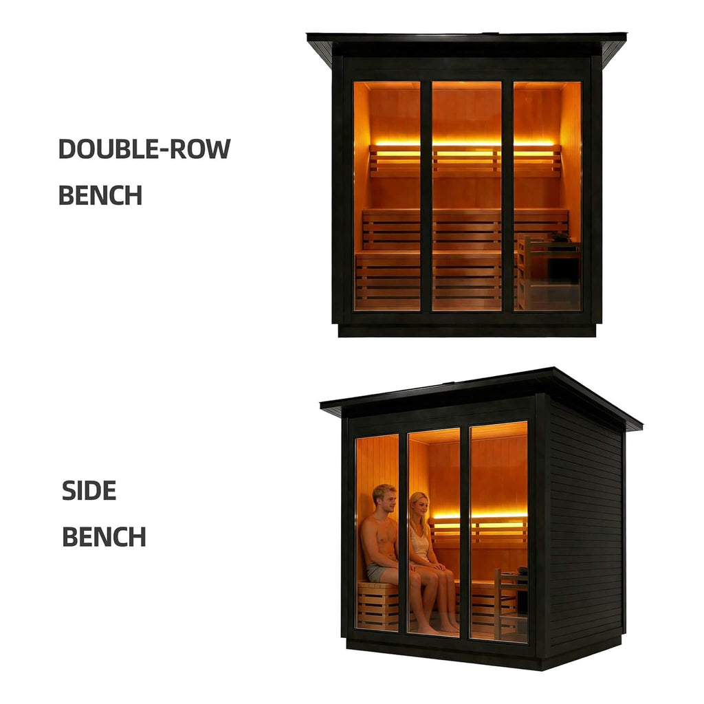 Custom 8-Person Luxury Canadian Hemlock Outdoor Steam Sauna With Double-Backed Bench, Heater And Stones [Made-To-Order]
