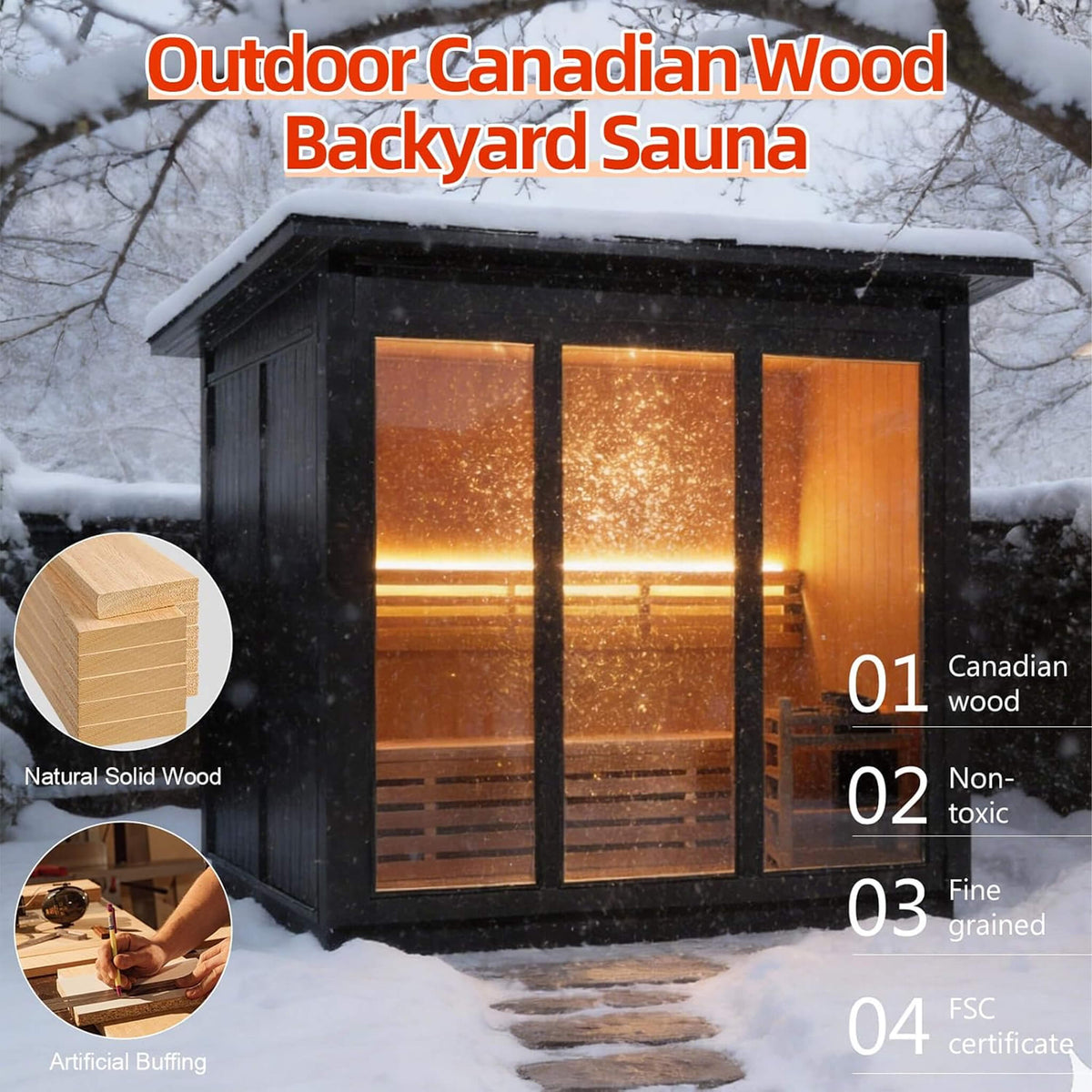 Custom 8-Person Luxury Canadian Hemlock Outdoor Steam Sauna With Double-Backed Bench, Heater And Stones [Made-To-Order]