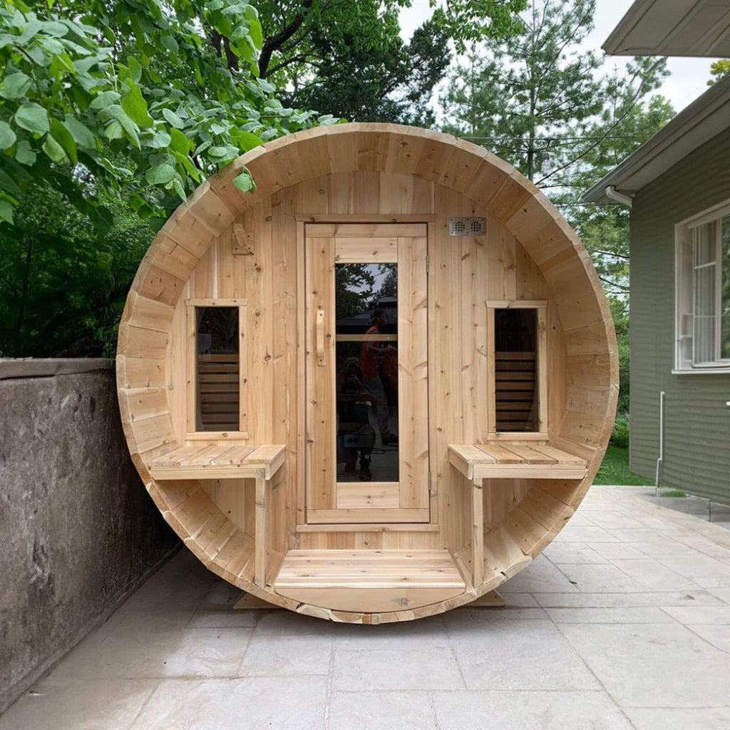 Dundalk Leisurecraft 6-Person Canadian Timber Tranquility Barrel Sauna With Front Porch [CTC2345W] (SAK96814)